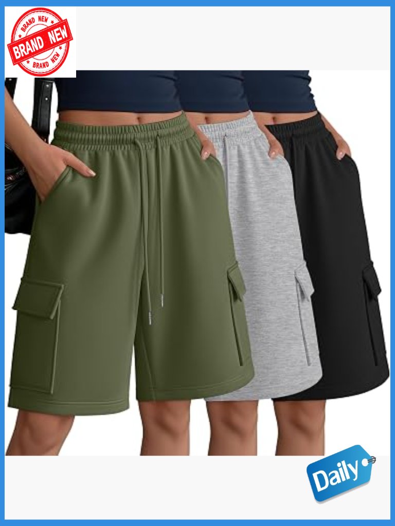 3 Pack Women 9'' Bermuda Cargo Shorts Oversized Drawstring Knee Loose Sweat